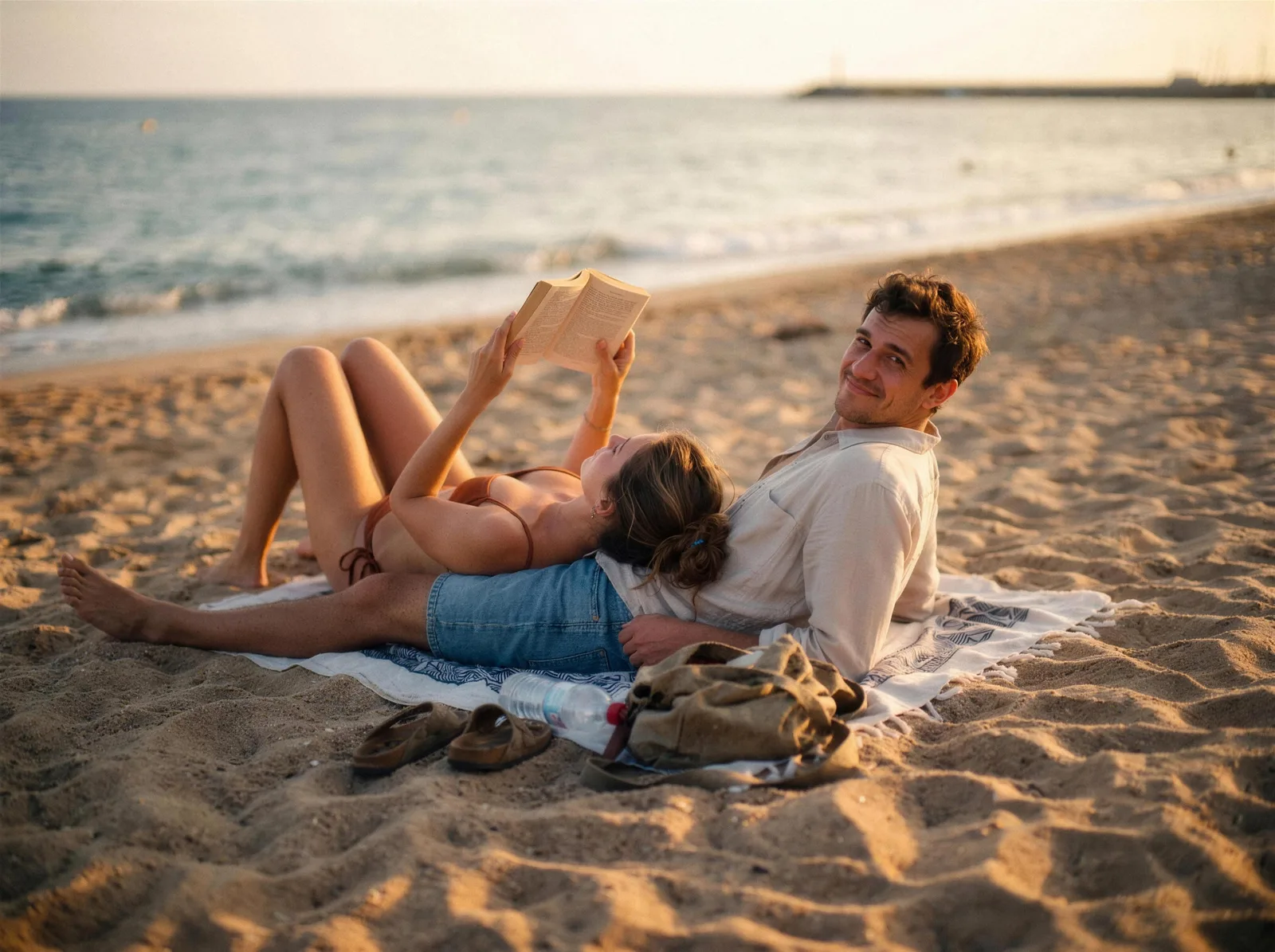Una pareja en la playa al atardecer: ella lee tumbada en la arena y él se gira, sonriendo
